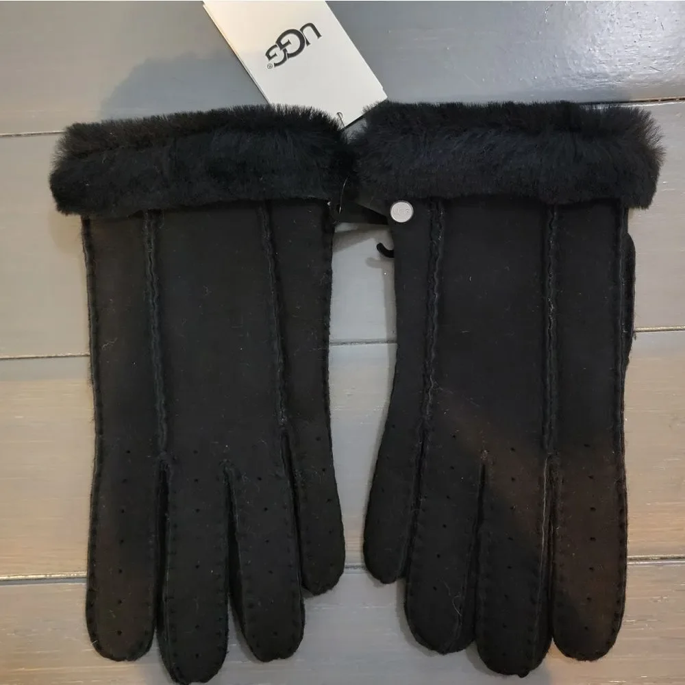 UGG Classic Perforated Genuine Dyed Shearling Gloves Black NEW w tag Size Small